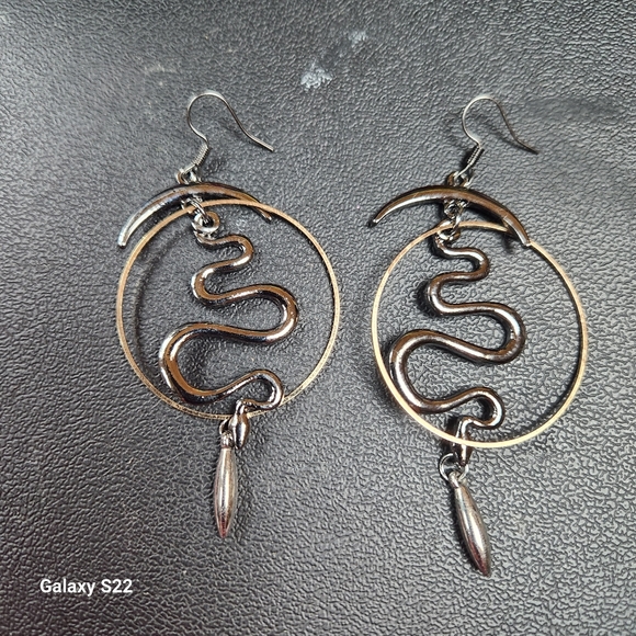 Korean Snake and Moon Hoop Earrings NWT - Picture 2 of 5